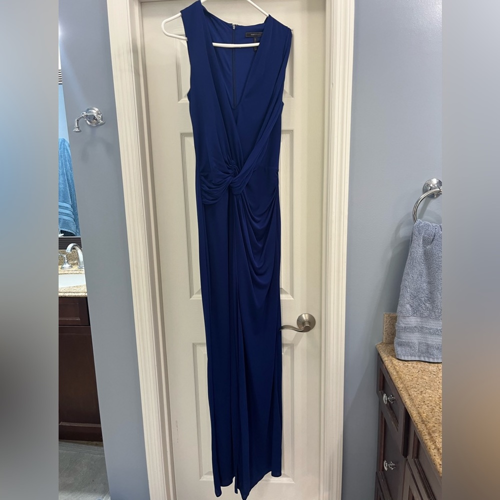Bcbg maxazria blue floor length dress with leg slit